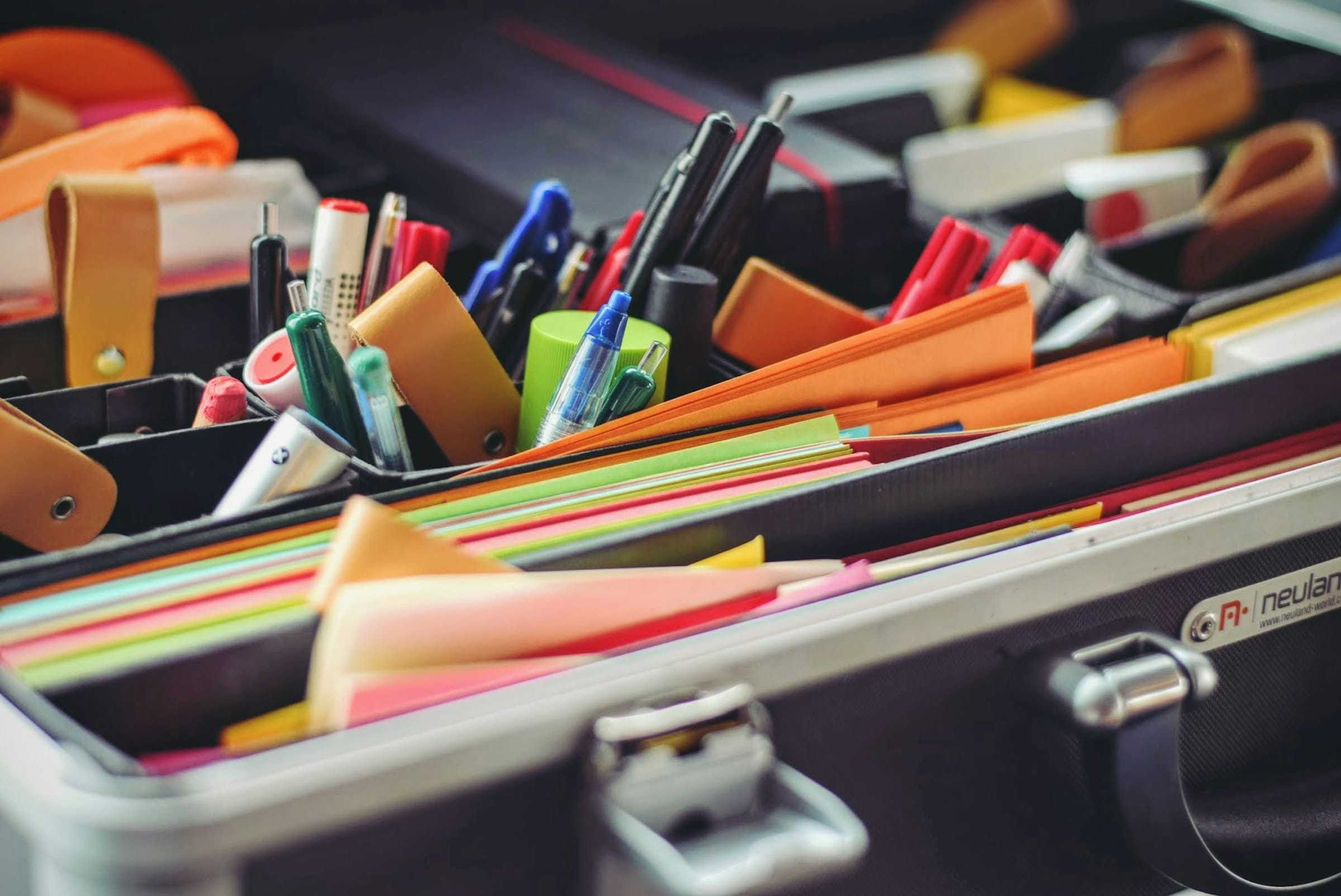 School supplies in an open case